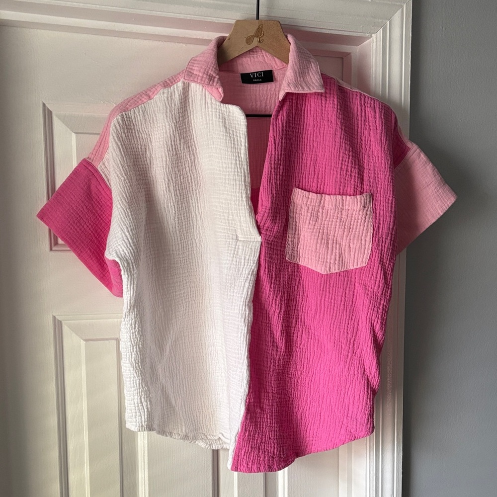 Vici Pink and White Textured Button Down Shirt